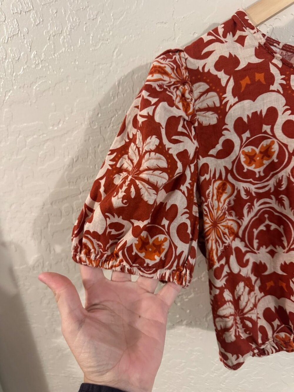 Rachel Zoe Linen Puff Sleeve Floral Boho Print Cropped Hippie Top - Picture 4 of 10